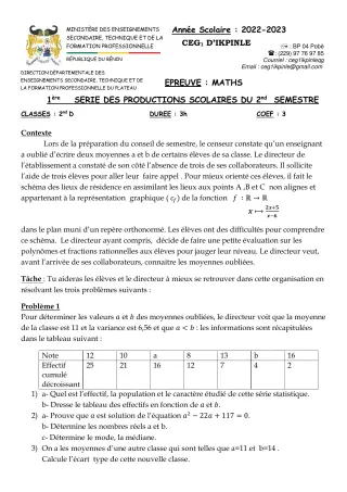 Première page de Mathématiques 2nde D — Production scolaire, 2e semestre (2022-2023) · CEG1 Ikpinlè