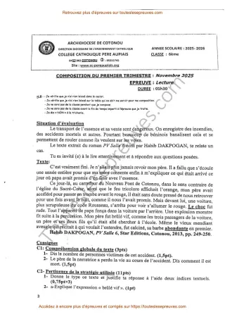 Première page de Lecture 6ème – Composition du 1er trimestre 2025-2026 – Accident de la route et dangers de l’essence – Collège Catholique Père Aupiais