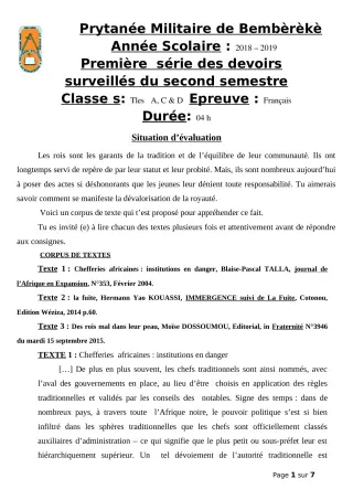 Première page de Français Tle A, Tle C, Tle D — 1er devoir surveillé, 2e semestre (2018-2019) · PMB