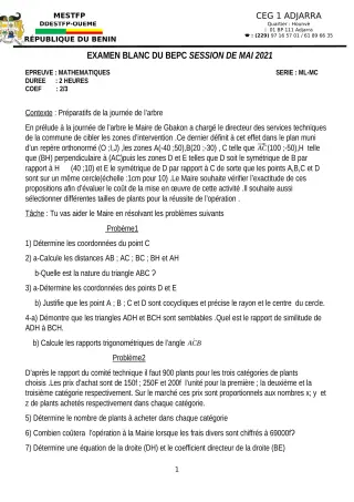 Première page de Examen Blanc de MATHS GENE — 3e, 3e ML — CEG1 Adjarra (2020)