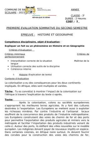 Première page de Histoire-Géographie 3e ML — 1re évaluation sommative, 2e semestre (2023-2024) · CEG Galata
