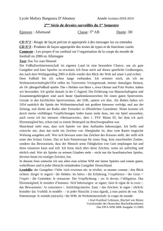Première page de Allemand Tle A & B — 2e devoir surveillé, 1er semestre (2018-2019) · Lycée Houegbadja d'Abomey (Ex Mafory Bangoura)