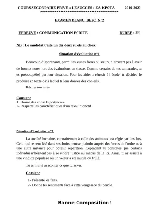 Première page de Français 3e, 3e ML — Composition (2019-2020) · CPEG LE SUCCES DE ZA-KPOTA