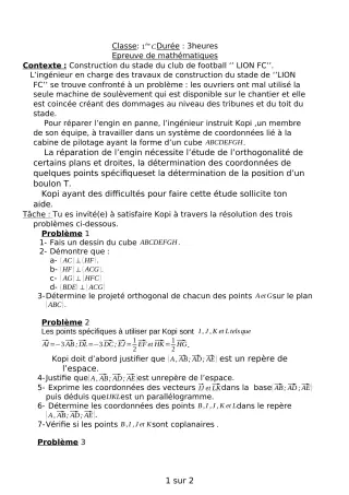 Première page de Devoir surveillé de MATHS GENE — 1ère C — CEG 1 Akpakpa-Centre (2019)
