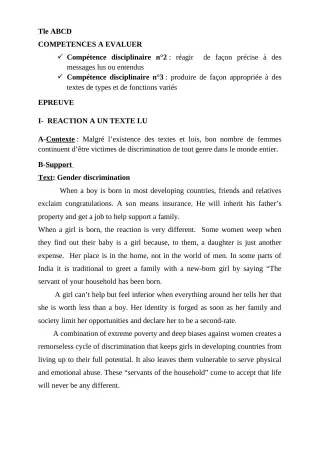 Première page de Devoir surveillé de ANGLAIS — Tle A2, Tle B, Tle C, Tle D — CEG L'Entente (2019)