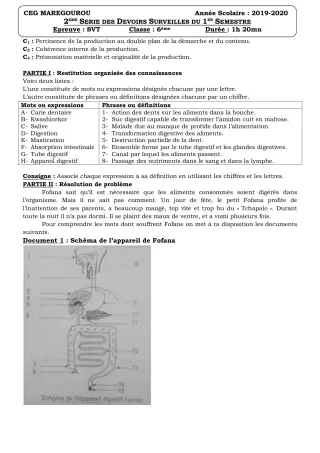Première page de SVT 6e — Devoir surveillé, 1er semestre (2019-2020) · CEG MAREGOUROU