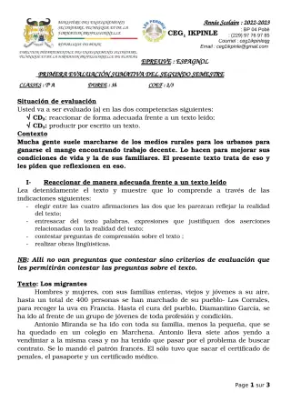 Première page de Espagnol Tle A1, Tle A2 — 2022-2023 · CEG1 Ikpinlè