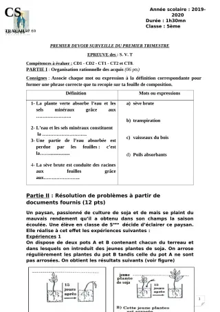 Première page de SVT 5e — 1er devoir surveillé, 1er trimestre (2019-2020) · CPEG ROSAIRE