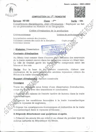 Première page de Histoire-Géographie 4e, 4e ML — 2e composition, 1er trimestre (2021-2022) · CPEG ROSAIRE
