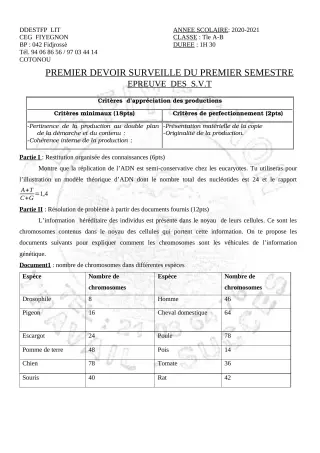 Première page de SVT Tle A2, Tle B — 1er devoir surveillé, 1er semestre (2020-2021) · CEG FIYEGNON