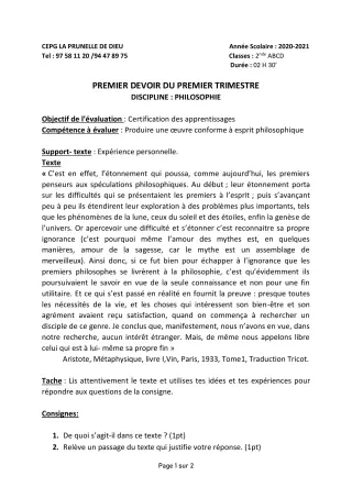 Première page de Philosophie 2nde B, 2nde D — 1er devoir surveillé, 1er trimestre (2020-2021) · CEPG La Prunelle de Dieu