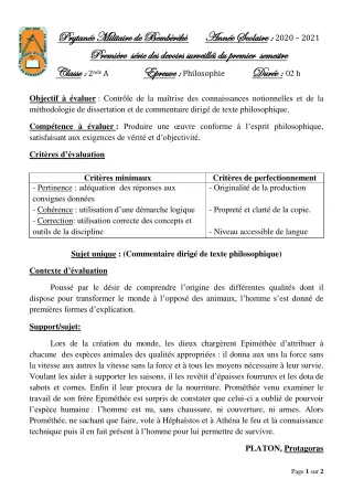 Première page de Philosophie 2nde A — 1er devoir surveillé, 1er semestre (2020-2021) · PMB