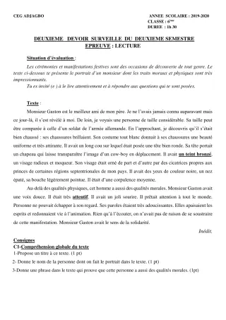Première page de Français 6e — 2e devoir surveillé, 2e semestre (2019-2020) · CEG ADJAGBO
