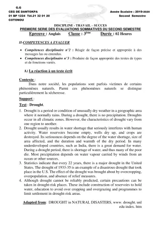 Première page de Anglais 6e, 5e, 4e ML&MC, 3e, 3e ML — 1re évaluation sommative, 2e semestre (2019-2020) · CEG Dantokpa