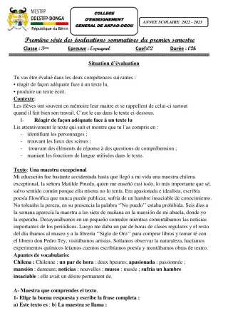 Première page de Espagnol 4e, 3e — 1re évaluation sommative, 1er semestre (2022-2023) · CEG Akpao-Ogou