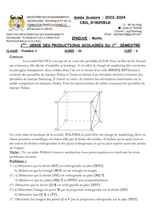 Première page de Mathématiques 1ère C — 1re production scolaire, 1er semestre (2023-2024) · CEG1 Ikpinlè