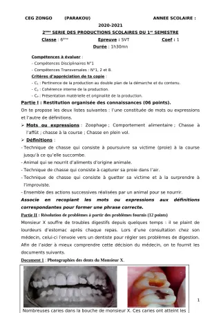 Première page de SVT 6e — 2e production scolaire, 1er semestre (2020-2021) · CEG ZONGO