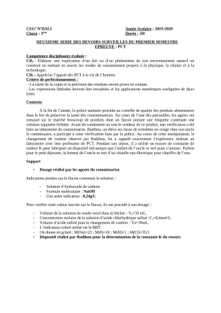 Première page de PCT 5e, 3e — 2e devoir surveillé, 1er semestre (2019-2020) · CEG 2 N'DALI