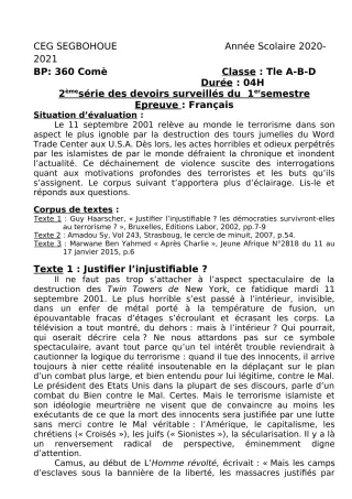 Première page de Français 6e, 5e, 4e, 4e ML, 3e, 3e ML, 2nde A & B, 2nde D, 1ère A & B, 1ère D, Tle A & B, Tle D — 2e devoir surveillé (2020-2021) · CEG SEGBOHOUE