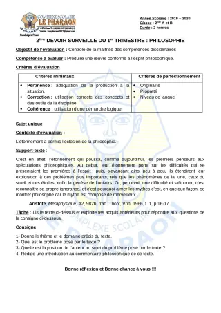 Première page de Philosophie 2nde A, 2nde B — 2e devoir surveillé, 1er trimestre (2019-2020) · CPEG LE PHARAON