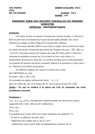Première page de Mathématiques Tle C — 1er devoir surveillé, 1er semestre (2021-2022) · CEG PAHOU