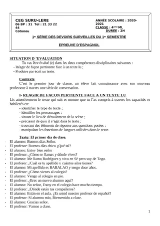 Première page de Espagnol 4e ML — 1er devoir surveillé, 1er semestre (2020-2021) · CEG SURU-LERE