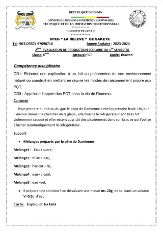 Première page de PCT 5e — 2e production scolaire, 1er semestre (2023-2024) · CPEG LA RELEVE