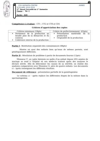 Première page de SVT Tle C — 2e devoir surveillé, 1er semestre (2019-2020) · CEG 1 Akpakpa-Centre