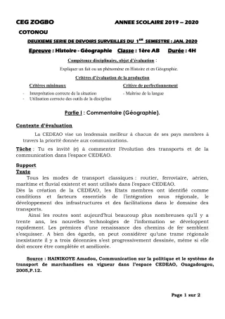 Première page de Histoire-Géographie 1ère A1, 1ère A2, 1ère B — 2e devoir surveillé, 1er semestre (2019-2020) · CEG ZOGBO