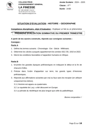 Première page de Histoire-Géographie 6e, 5e, 4e, 3e, 2nde A1, 2nde A2, 2nde B, 2nde C, 2nde D, 1ère A1, 1ère A2, 1ère B, 1ère C, 1ère D, Tle A1, Tle A2, Tle B, Tle C, Tle D — 1re évaluation sommative, 1er trimestre (2