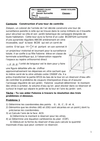 Première page de Mathématiques Tle D — Devoir surveillé, 2e semestre (2022-2023) · CEG2 ABOMEY - CALAVI (CEG ZOCA)