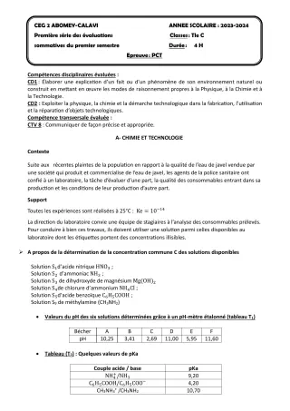 Première page de PCT Tle C — 1re évaluation sommative, 1er semestre (2023-2024) · CEG2 ABOMEY - CALAVI (CEG ZOCA)