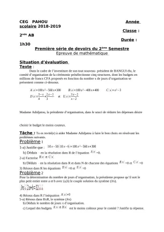 Première page de Mathématiques 2nde A & B — 1er devoir surveillé, 2e semestre (2018-2019) · CEG PAHOU