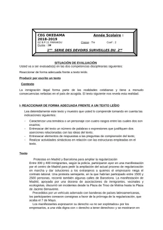 Première page de Espagnol Tle A1, Tle A2 — 1er devoir surveillé (2018-2019) · CEG OKEDAMA
