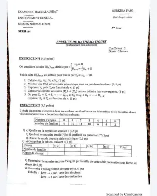 Première page de Sujet et correction BAC 2024 mathématiques série a4