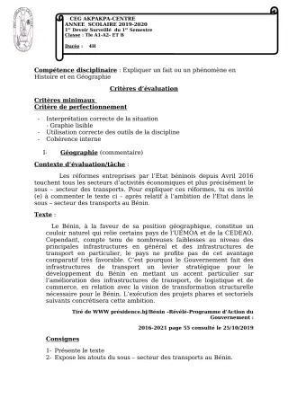 Première page de Histoire-Géographie Tle A1, Tle A2, Tle B — 1er devoir surveillé, 1er semestre (2019-2020) · CEG 1 Akpakpa-Centre