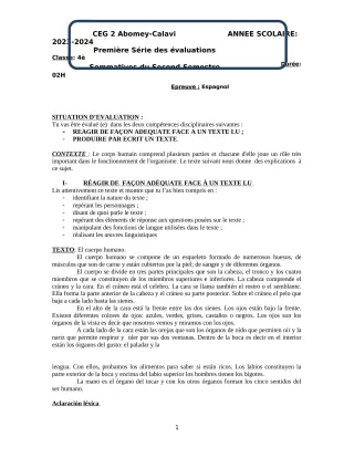 Première page de Espagnol 4e — 1re évaluation sommative, 2e semestre (2023-2024) · CEG2 ABOMEY - CALAVI (CEG ZOCA)