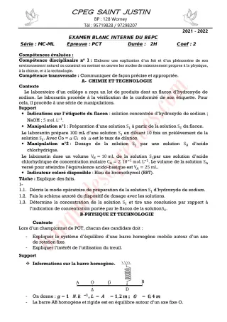 Première page de BEPC blanc 2022 PCT cpeg saint justin