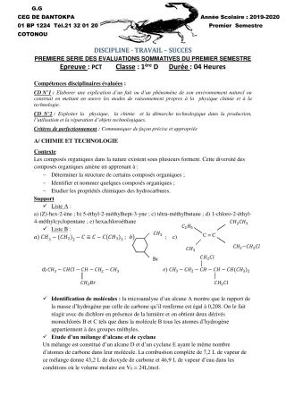 Première page de PCT 1ère D — 1re évaluation sommative, 1er semestre (2019-2020) · CEG Dantokpa