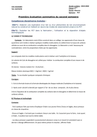 Première page de PCT 4e — 1re évaluation sommative, 2e semestre (2019-2020) · CEG ADJAGBO