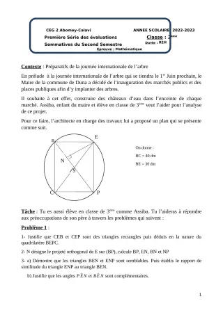 Première page de Mathématiques 3e — 1re évaluation sommative, 2e semestre (2022-2023) · CEG2 ABOMEY - CALAVI (CEG ZOCA)