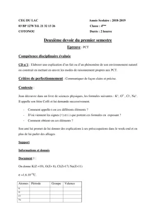 Première page de PCT 4e — 2e devoir surveillé, 1er semestre (2018-2019) · CEG du Lac