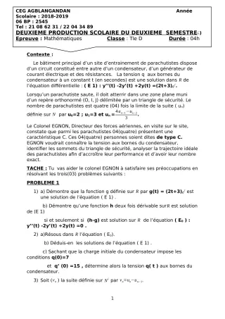 Première page de Mathématiques Tle D — 2e production scolaire, 2e semestre (2018-2019) · CEG AGBLANGANDAN