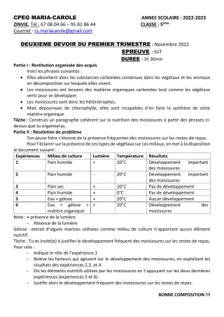 Première page de SVT 5e — Composition, 1er trimestre (2022-2023) · CPEG MARIA-CAROLE