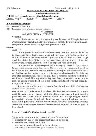 Première page de Anglais 2nde A, 2nde B, 2nde D — 1er devoir surveillé, 2e semestre (2018-2019) · CEG Tchatchou
