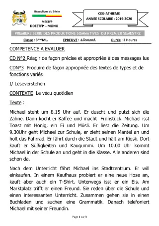 Première page de Allemand 3e ML — 1er semestre (2019-2020) · CEG ATHIEME