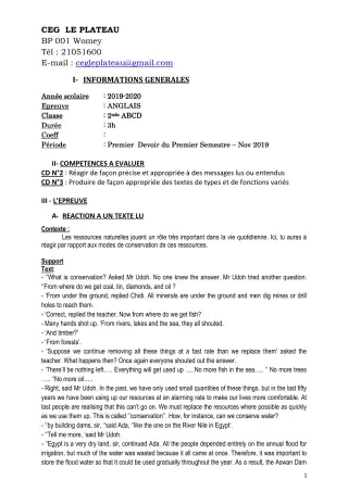 Première page de Anglais 2nde A & B — 1er devoir surveillé, 1er semestre (2019-2020) · CEG Le Plateau