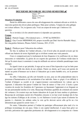 Première page de Français 2nde A & B, 2nde A1, 2nde A2, 2nde B, 2nde D — 2e devoir surveillé, 2e semestre (2019-2020) · CEG Attogon