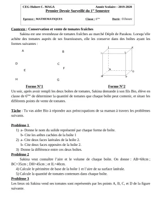 Première page de Mathématiques 6e — 1er devoir surveillé, 1er semestre (2019-2020) · CEG Hubert C. MAGA