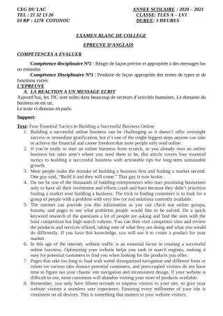 Première page de Examen Blanc de ANGLAIS — Tle A2 — CEG du Lac (2020)